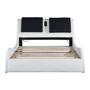 English Elm Faux Leather Queen Platform Bed with Rgb Lighting Bluetooth Speaker Massage Headboard W2297S00027