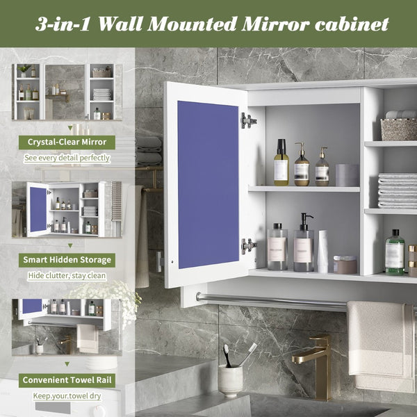 English Elm 3-in-1 Wall Mounted Medicine Cabinet with Soft Close Door Towel Bar and Vanity Mirror White N710P358618K