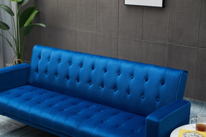 English Elm Sofa Bed Velvet Upholstered Convertible with Gold Metal Legs for Studio Spaces Dark Blue B205P246427