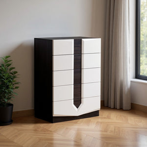 HomeRoots White Five-Drawer Chest – Contemporary High-Gloss Storage Solution with Dark Grey Zebrano Accents 5 384008