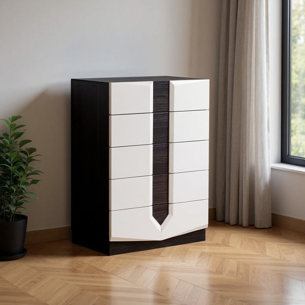 HomeRoots White Five-Drawer Chest – Contemporary High-Gloss Storage Solution with Dark Grey Zebrano Accents 5 384008