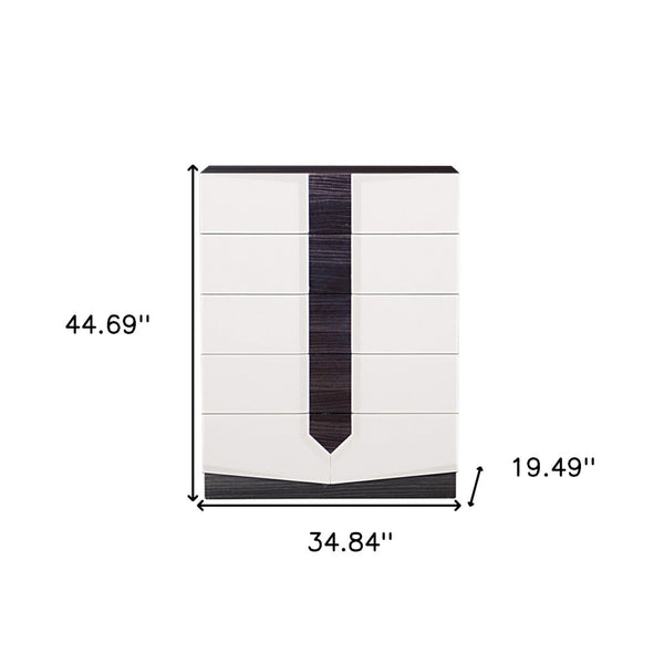 HomeRoots White Five-Drawer Chest – Contemporary High-Gloss Storage Solution with Dark Grey Zebrano Accents 5 384008