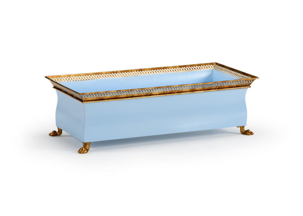 Chelsea House French Tole Planter Baby Blue Lacquer With Antique Gold Accents, Durable Iron Floral Display 26" Wide 384013