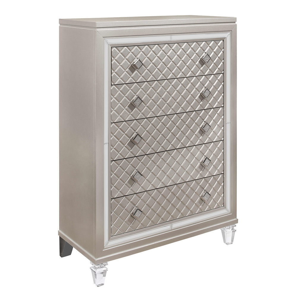 Homeroots Champagne Toned Chest With Tapered Acrylic Legs And 5 Drawers  Solid Wood 384034