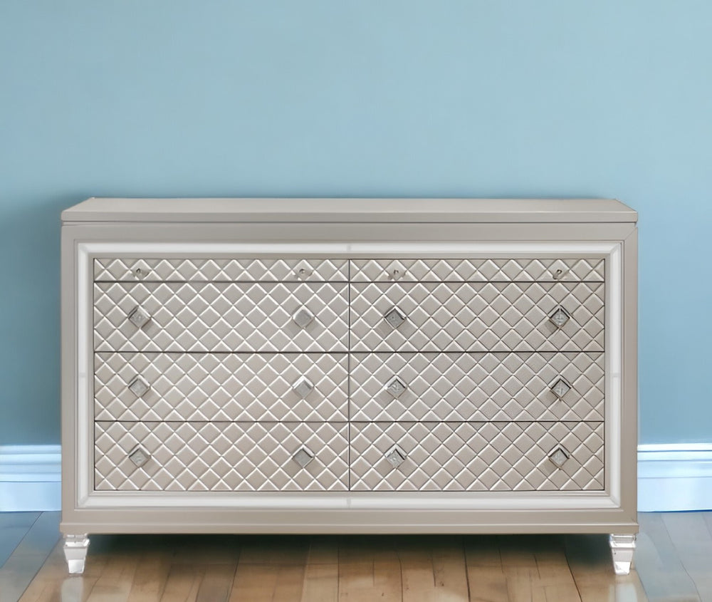 Homeroots Champagne Toned Dresser With Tapered Acrylic Legs And 2 Jewelry Drawers  Solid Wood 384035