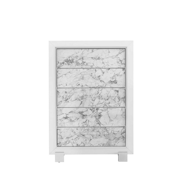 Homeroots Modern White Chest With 5 Faux Marble Detailed Front Drawer.  Solid Wood 384038