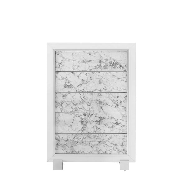 Homeroots Modern White Chest With 5 Faux Marble Detailed Front Drawer.  Solid Wood 384038