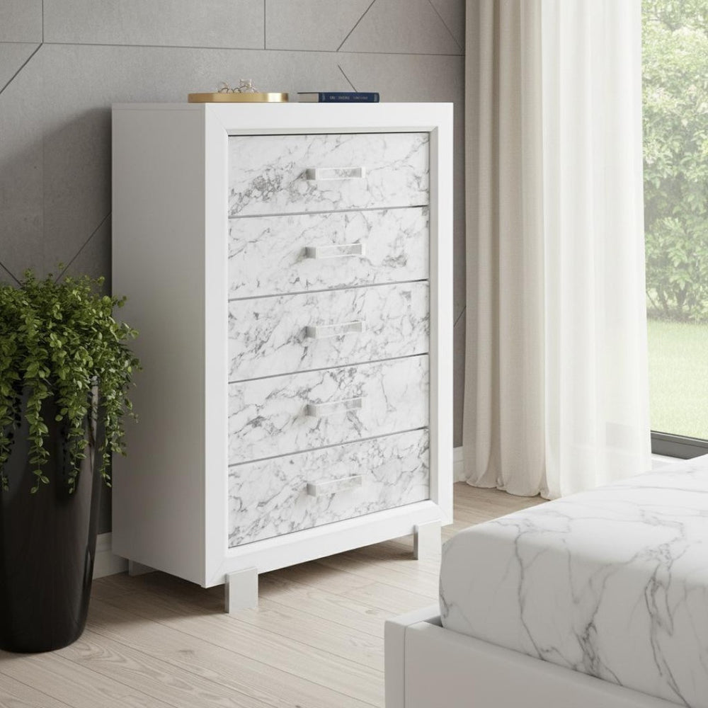 HomeRoots Modern White Chest with Faux Marble Fronts, 5 Spacious Drawers for Stylish Bedroom Organization 5 384038