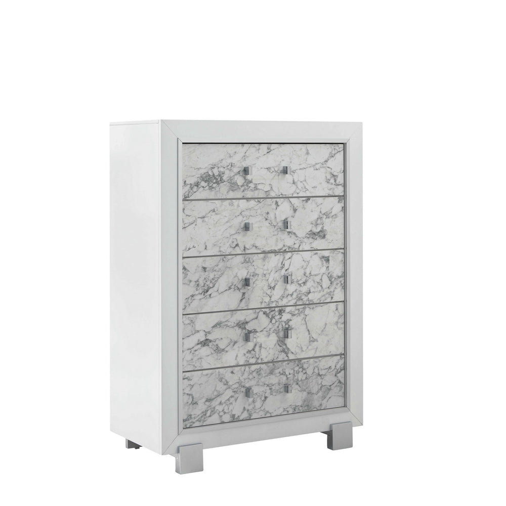 Homeroots Modern White Chest With 5 Faux Marble Detailed Front Drawer.  Solid Wood 384038