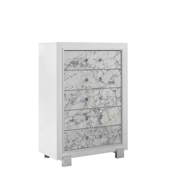 Homeroots Modern White Chest With 5 Faux Marble Detailed Front Drawer.  Solid Wood 384038