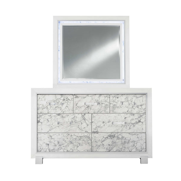 Homeroots Modern White Dresser With 7 Faux Marble Detailed Front Drawer.  Solid Wood 384039