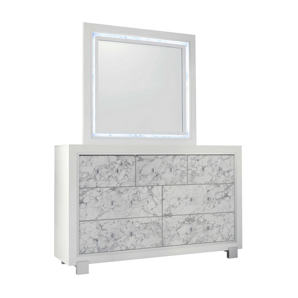 Homeroots Modern White Dresser With 7 Faux Marble Detailed Front Drawer.  Solid Wood 384039