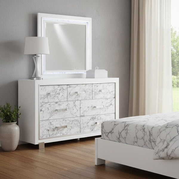 HomeRoots Modern White Chest with Faux Marble Fronts, 5 Spacious Drawers for Stylish Bedroom Organization 7 384039
