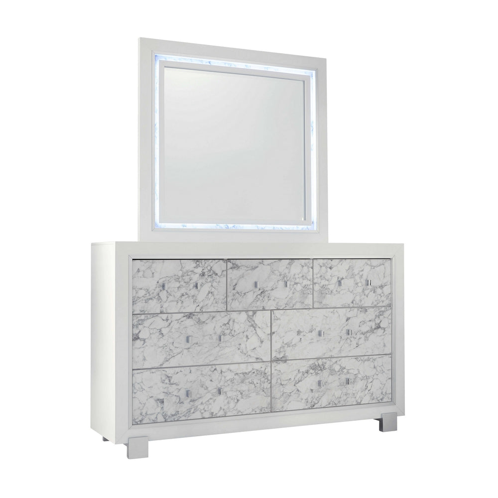 Homeroots Modern White Mirror With Faux Marble Border Detail Led Lightning  Wood 384040