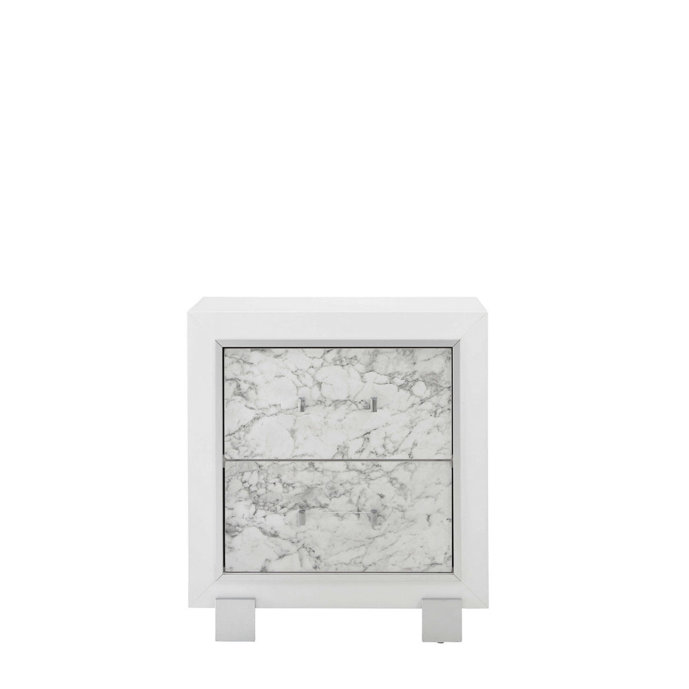 Homeroots Modern White Nightstand With 2 Faux Marble Detailed Front Drawer.   384041