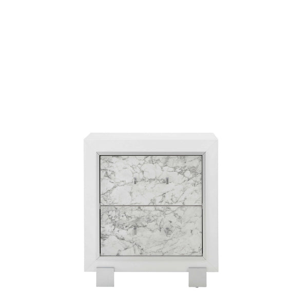 Homeroots Modern White Nightstand With 2 Faux Marble Detailed Front Drawer.   384041
