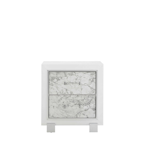Homeroots Modern White Nightstand With 2 Faux Marble Detailed Front Drawer.   384041