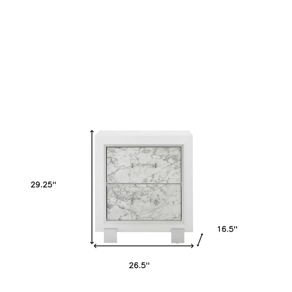 Homeroots Modern White Nightstand With 2 Faux Marble Detailed Front Drawer.   384041