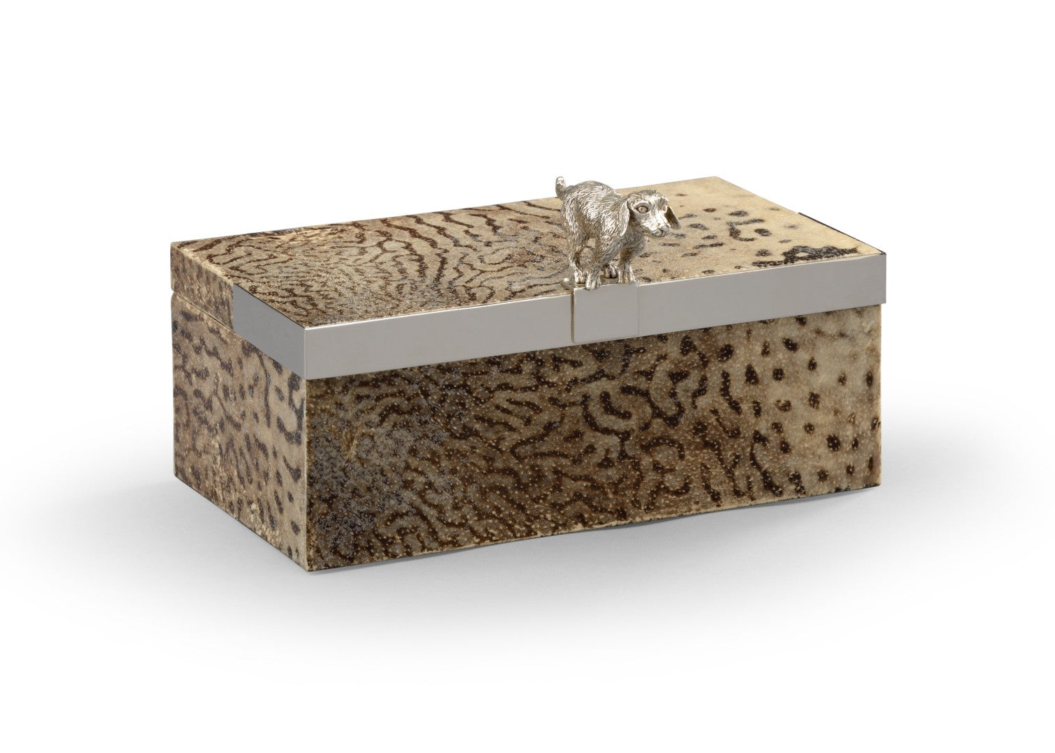 Duke Silver-Plated Dog Keepsake Box With Natural Puffer Fish Skin, Vel
