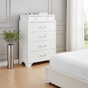 HomeRoots White Chest for Modern Bedrooms - 6 Spacious Drawers, Durable Rubberwood, Sleek Design, Bright Finish 6 384054