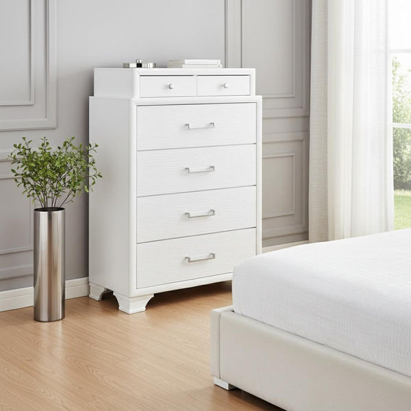 HomeRoots White Chest for Modern Bedrooms - 6 Spacious Drawers, Durable Rubberwood, Sleek Design, Bright Finish 6 384054