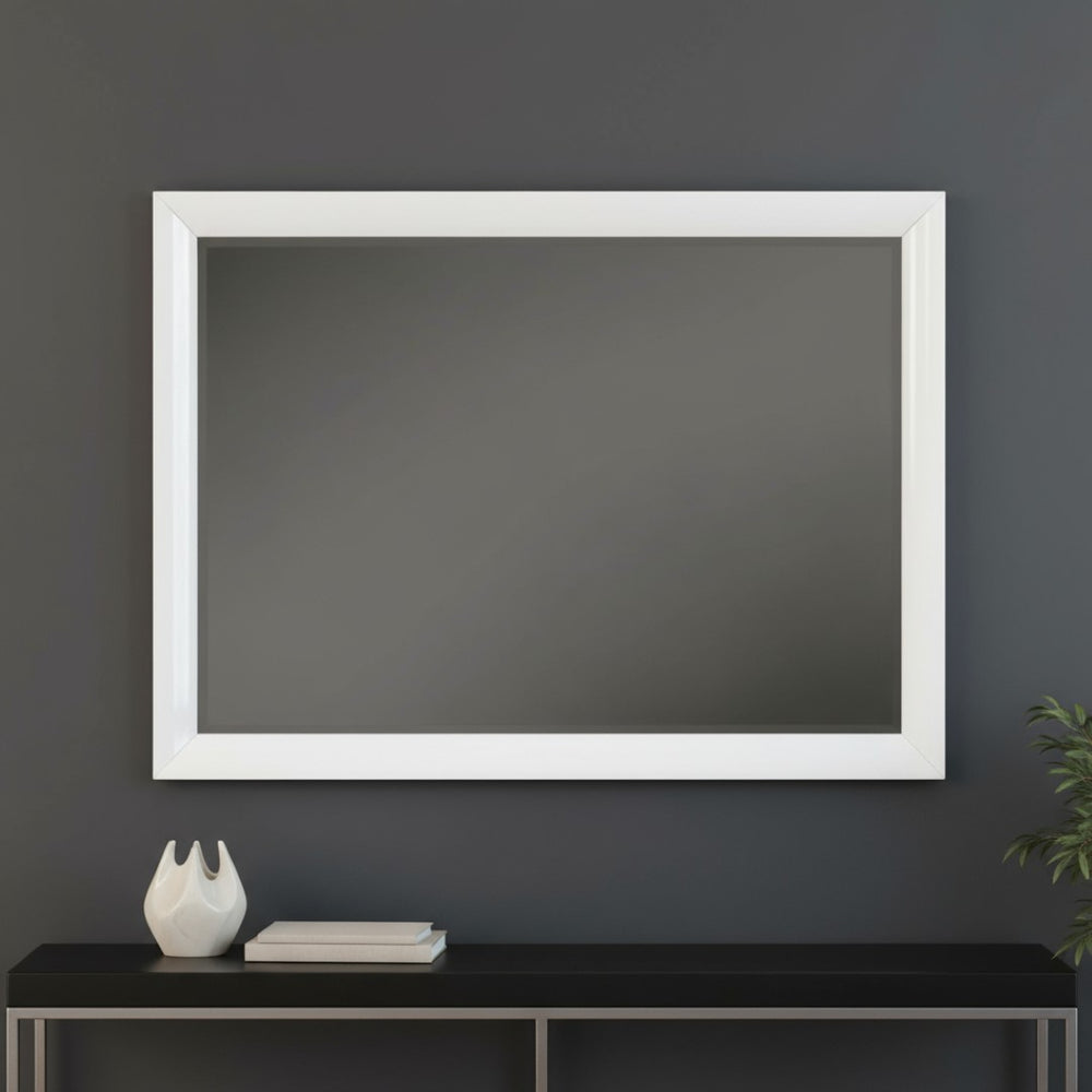 HomeRoots 34" Elegant White Wood Framed Accent Mirror with Beveled Glass - Perfect for Home Decor & Illusion of Space 384056
