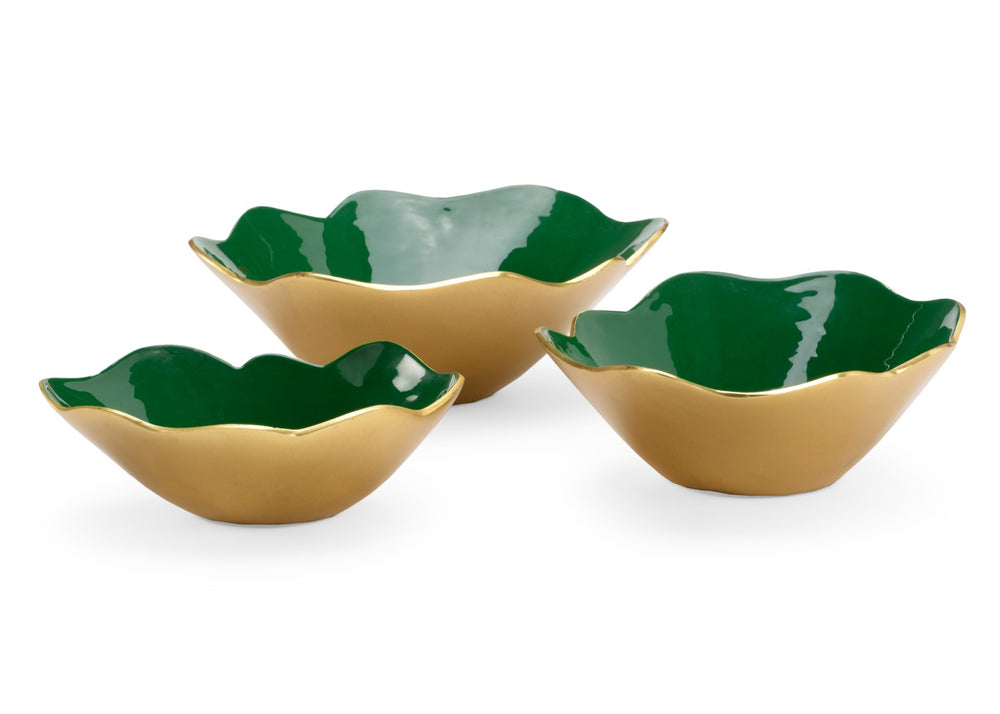 Chelsea House Emerald Enameled Bowls Set Of 3 — Glossy Emerald Interior With Metallic Gold Exterior, Decorative Accent 384058