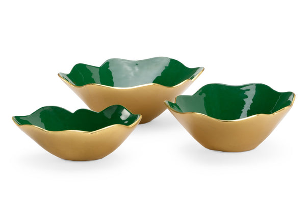 Chelsea House Emerald Enameled Bowls Set Of 3 — Glossy Emerald Interior With Metallic Gold Exterior, Decorative Accent 384058