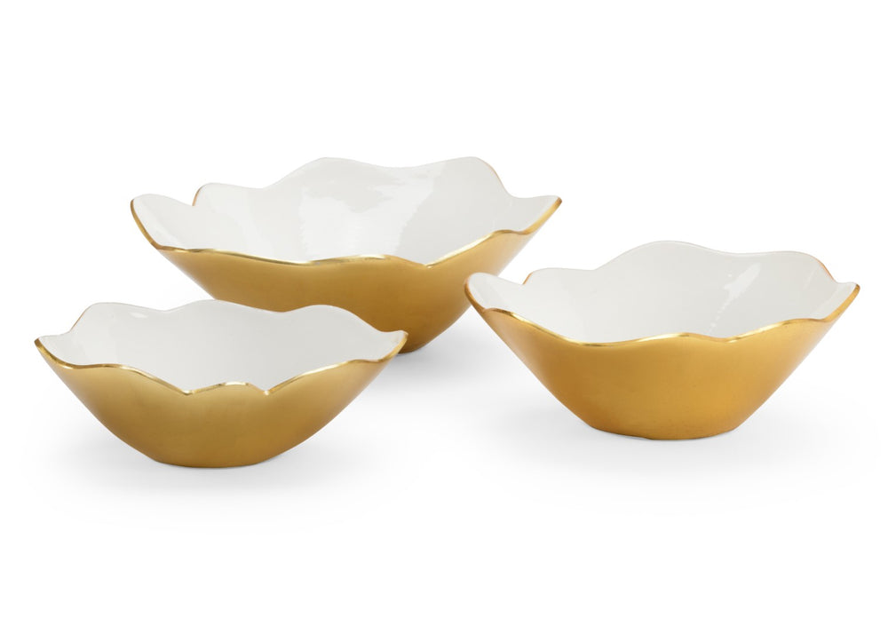 Chelsea House White Enameled Bowls Trio With Metallic Gold Exterior, Glossy White Interior, Decorative Centerpiece Flair 384061