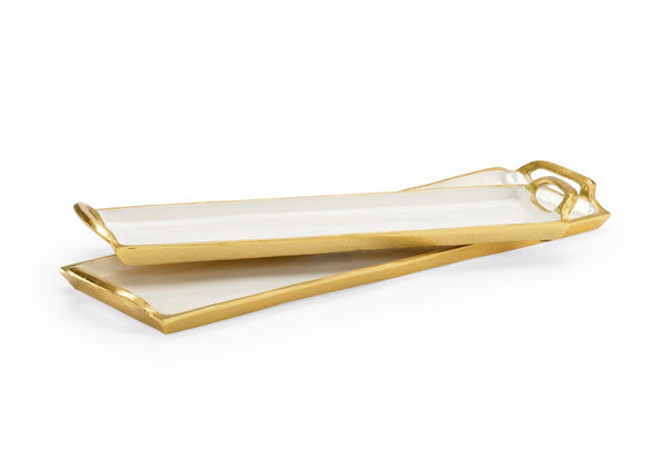 Chelsea House White White Enamel Trays Set Of 2 With Gold Exterior & Built-In Handles For Stylish Tabletop Decor 384067