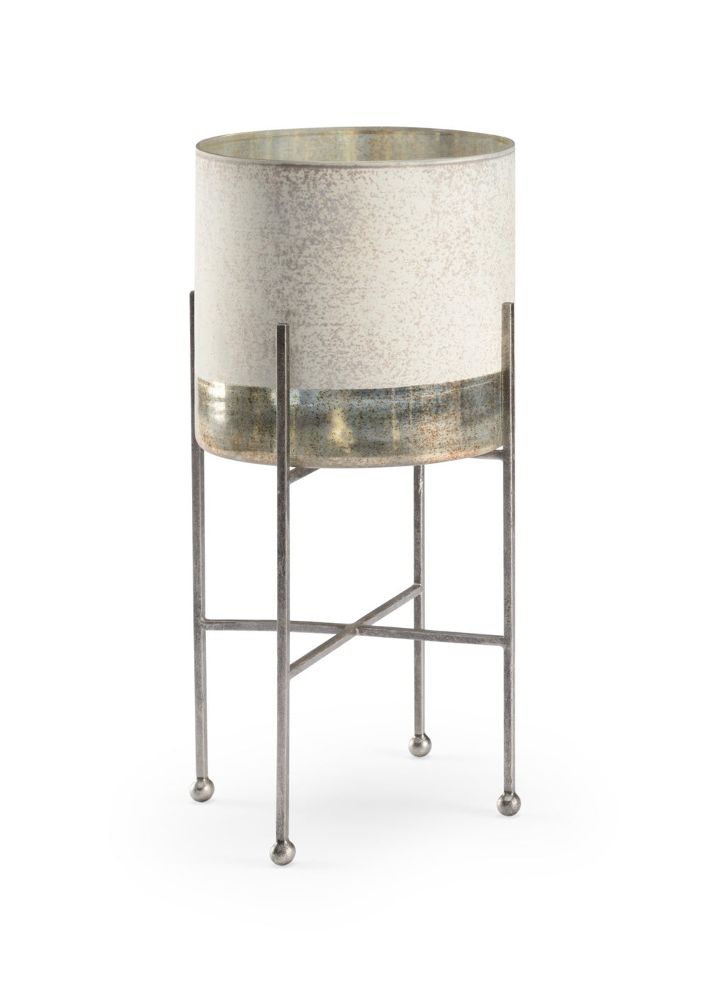 Chelsea House Ragsdale Rustic White Glass Candleholder With Silver Banding & Antiqued Iron Support, 18.5" H 384075