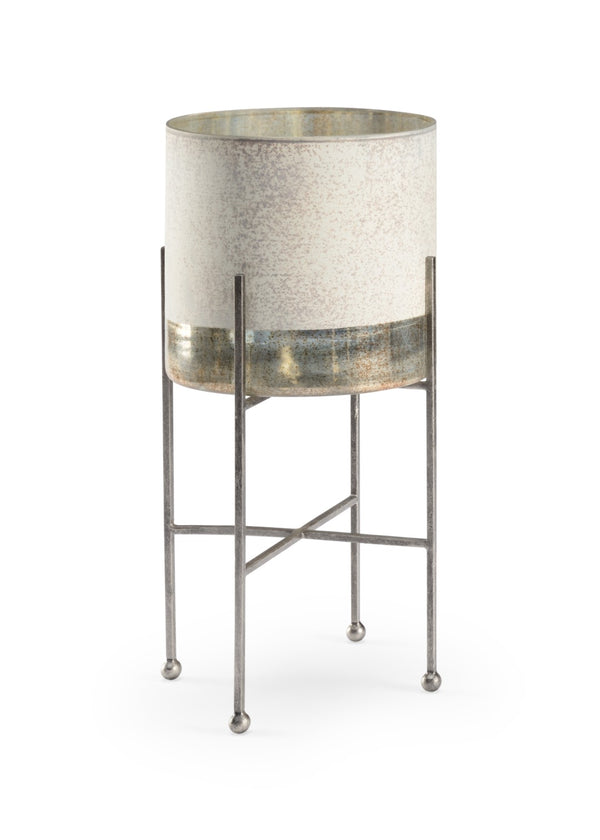 Chelsea House Ragsdale Rustic White Glass Candleholder With Silver Banding & Antiqued Iron Support, 18.5" H 384075