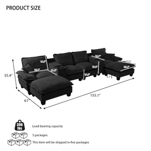 English Elm Modular U-shaped Chenille Sectional Sofa with Storage Consoles Usb Charging and Ottomans Black W3163S00125