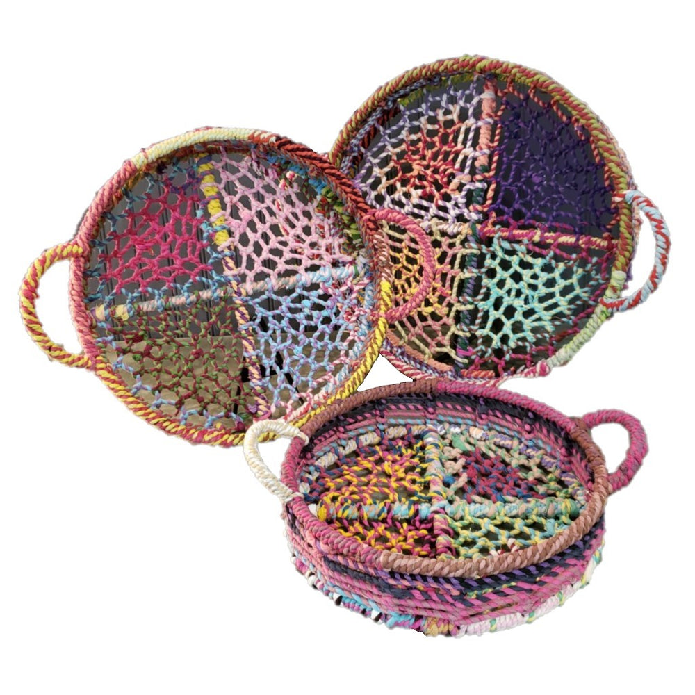 Homeroots Handmade Set Of 3 Rainbow Round Nesting Jute Trays   384093