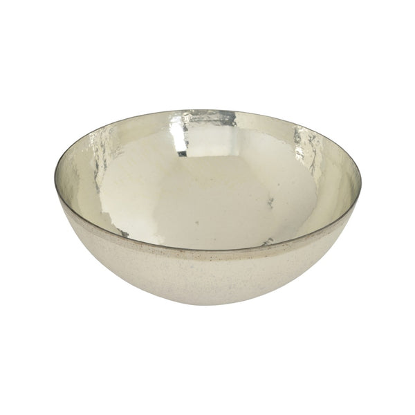 Chelsea House Melton Sculptural Rusticated White Glass Bowl With Polished Nickel Interior Trim For Modern Decor 5.5h x 14.25w x 14.25d 384094