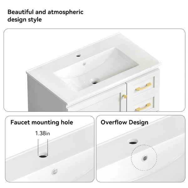 English Elm 30"black Matte Finish Bathroom Vanity with Soft Close Cabinet and Three Storage Drawers White W3133S00017