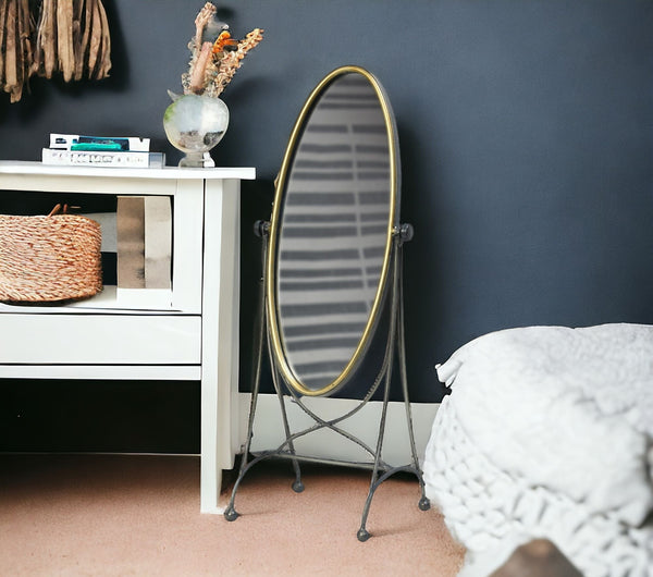 Homeroots 23" Black Round Framed Cheval Standing Mirror  Mirror,Brass 384114