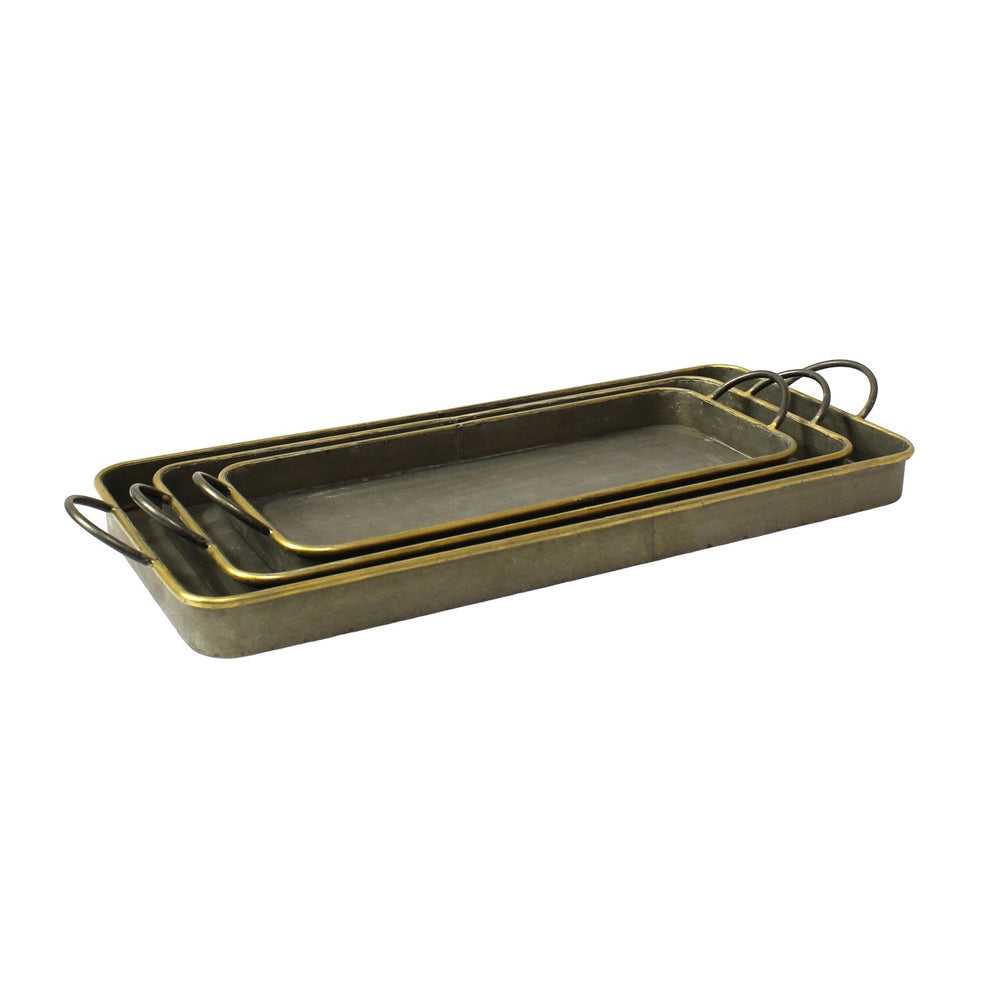Homeroots Set Of Three Brass And Gray Tin Serving Tray   384121