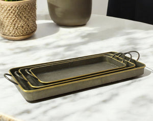 Homeroots Set Of Three Brass And Gray Tin Serving Tray   384121