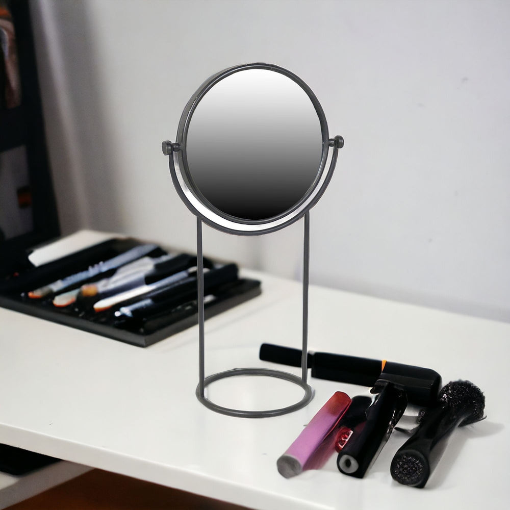 Homeroots 22" Black Round Framed Makeup Shaving Tabletop Mirror  Iron,Mirror 384124