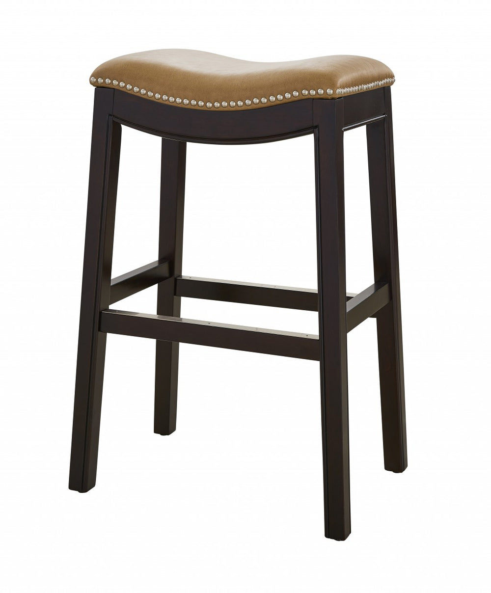 Homeroots 31" Tan And Espresso Faux Leather And Solid Wood Backless Counter Height Bar Chair   384135