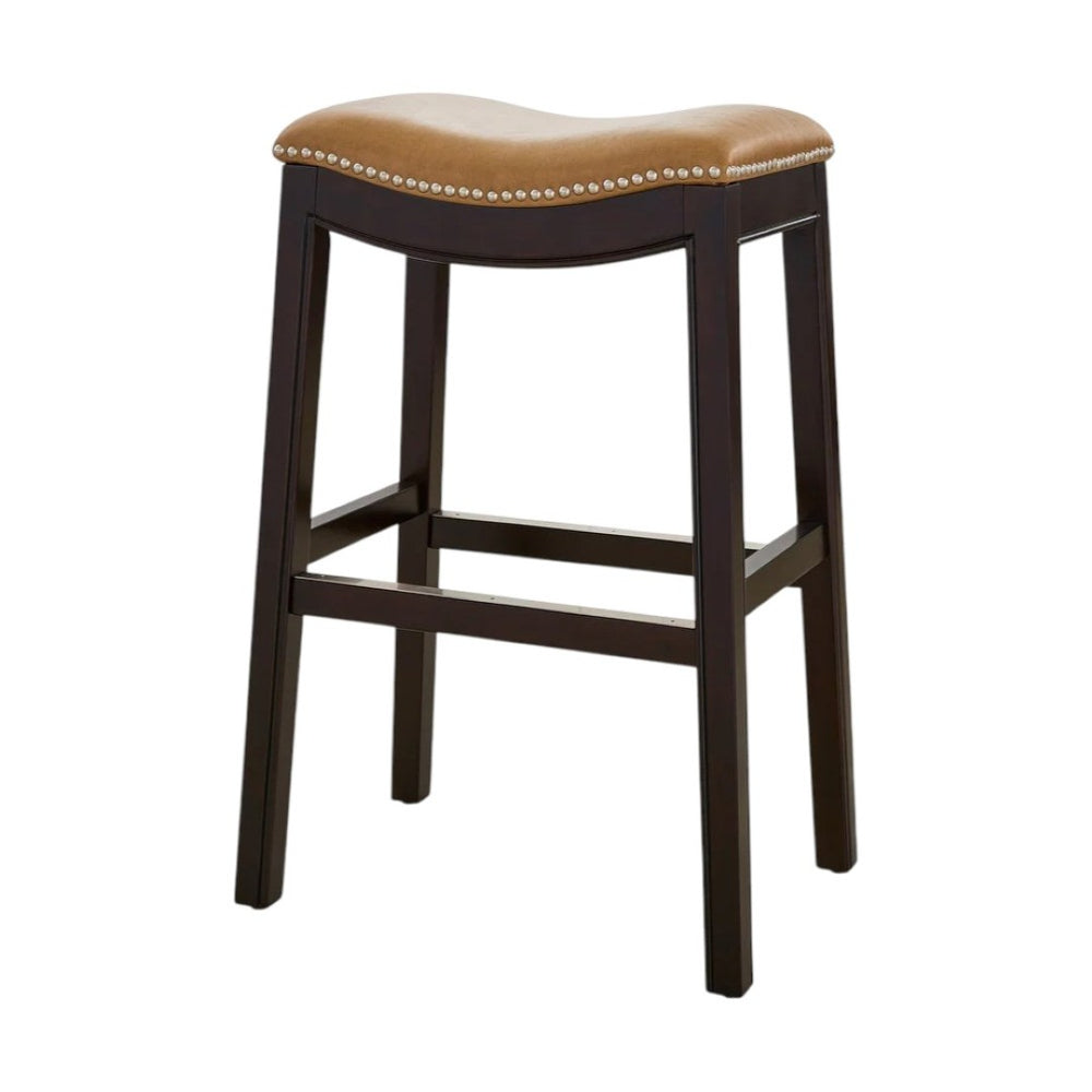 HomeRoots 31" Tan and Espresso Backless Bar Chair - Stylish Saddle Seat, Solid Wood Frame & Footrest Comfort 384135