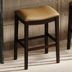 HomeRoots 31" Tan and Espresso Backless Bar Chair - Stylish Saddle Seat, Solid Wood Frame & Footrest Comfort 384135