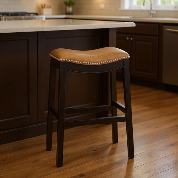 HomeRoots 31" Tan and Espresso Backless Bar Chair - Stylish Saddle Seat, Solid Wood Frame & Footrest Comfort 384135
