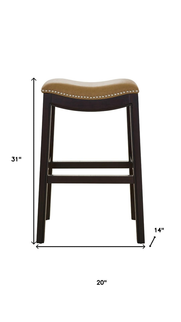 HomeRoots 31" Tan and Espresso Backless Bar Chair - Stylish Saddle Seat, Solid Wood Frame & Footrest Comfort 384135