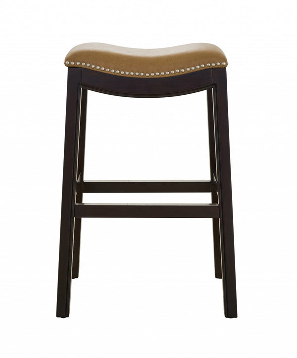 Homeroots 31" Tan And Espresso Faux Leather And Solid Wood Backless Counter Height Bar Chair   384135