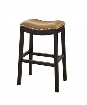 Homeroots 31" Tan And Espresso Faux Leather And Solid Wood Backless Counter Height Bar Chair   384135