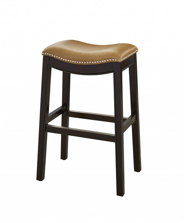 Homeroots 31" Tan And Espresso Faux Leather And Solid Wood Backless Counter Height Bar Chair   384135