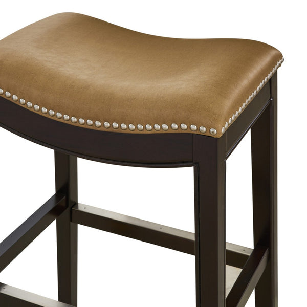 HomeRoots 26" Backless Bar Chair in Tan & Espresso - Solid Wood, Nailhead Trim, Stylish Comfort for Any Space 384136