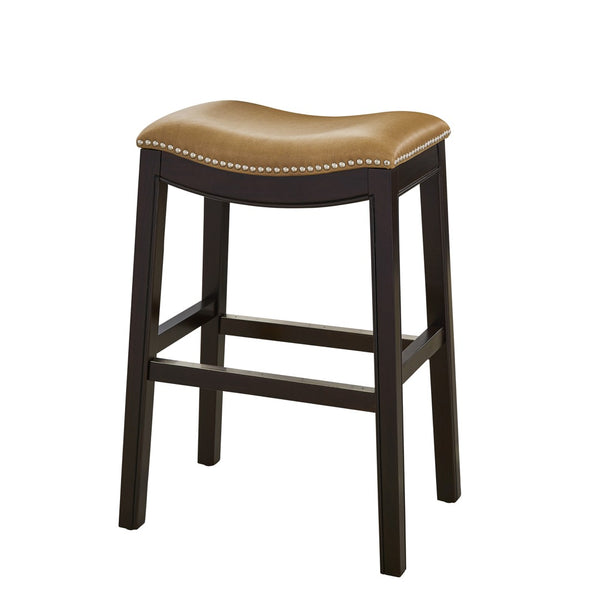 HomeRoots 26" Backless Bar Chair in Tan & Espresso - Solid Wood, Nailhead Trim, Stylish Comfort for Any Space 384136